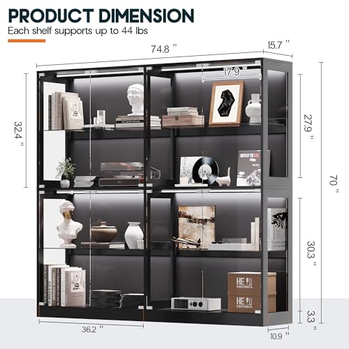 AMERLIFE RGB Display Cabinet with Adjustable Glass Shelves, 4-Tier Storage Case with LED Lights & Press-to-Open Doors, Modern Display Shelf for Collectibles, Black 70" H×75" L×16" D - color: Black, size: 75×16×70in