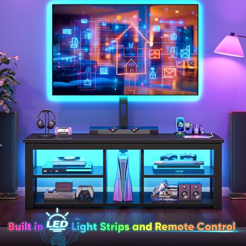 TV Stand with Mount for 55/65 Inch TVs,Wood TV Stands for Living Room with Power Outlet & LED Entertainment Center Gaming Console for Bedroom, Height Adjustable Swivel TV Mount, Carbon Fiber Black - color: Black
