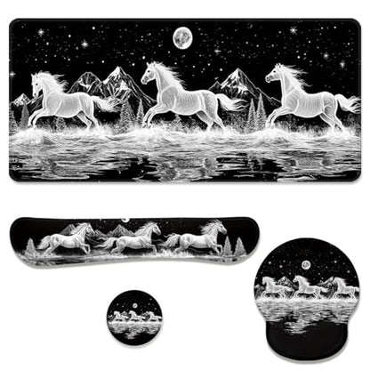 Wild Horses Desk Mat Set Black White Moon Mountain Mouse Pad with Wrist Rest 4in1 Desk Mat for Desktop Ergonomic Computer Desk Arm Wrist Anti-Slip Computer Ergonomic Mouse Pad Home Office Gaming - color: Wild Horses
