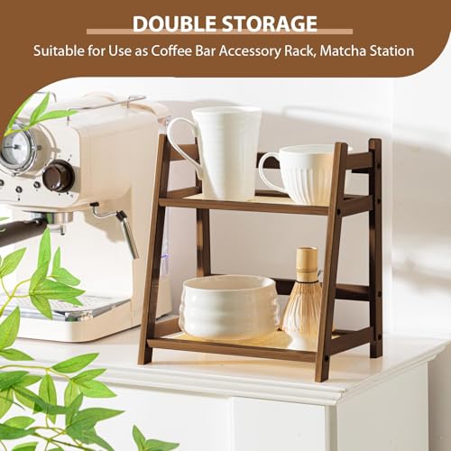 Yalikop 1 Pcs 2 Tier Matcha Station Shelf Bamboo Coffee Mug Stand Countertop Storage Rack, Double Layer Rattan Office Cup, Kitchen, Tea, Plant, Bar Accessories Condiment Display(Brown,10.2 Inch) - color: Brown, size: 10.2 inch
