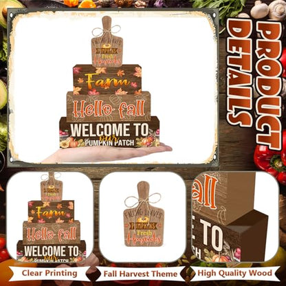 4 Pcs Fall Decorations for Home Farmhouse Tiered Tray Decor, Fall Kitchen Decor Rustic Wooden Cutting Board Block Sign Autumn Thanksgiving Harvest Tabletop Centerpieces for Home Table Indoor - style: Fall Harvest