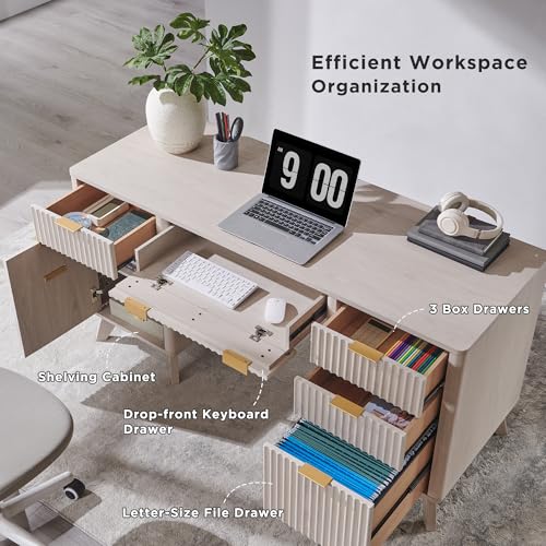 T4TREAM Modern Fluted Executive Desk with Drawers, 60" Home Office Computer Desk with Charging Station & Keyboard Tray, Alder White - color: Alder White