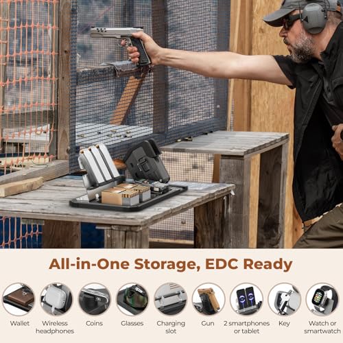ONNAIS EDC Organizer with Detachable Quick-Access Gun Trigger Lock | Gift for Men; Desk & Nightstand Organizer; Biometric PIN Key Access; Pistol Rack; Phone Stand