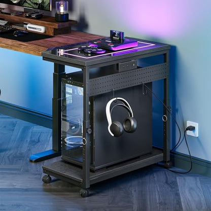 CHOEZON 31.5" Large Computer Tower Stand with Power Outlet, Under-Desk PC Cart with 2 Hooks, PC Stand with LED, Height Adjustable PC Tower Holder on Wheels, for Living Room, Office, Black TCJ51UDBB