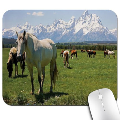 Horses Grazing Mouse Pad, National Park Landscape Lush Meadow Desk Mat | Nature Snowy Idyllic Mountain Peaks, Anti-Slip Rubber Base, Silky Smooth Surface, Cute Office/Gaming Mousepad - color: Color_CNt