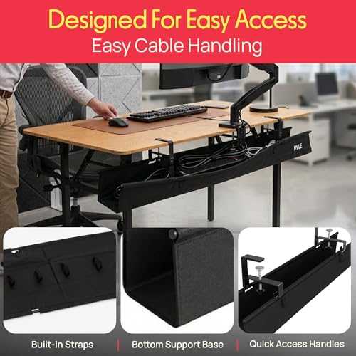 Pyle 48" Under Desk Cable Management Tray, Under Desk Wire Organizer with Clamp or Screw Mount, Desk Cable Organizer with Fabric Design for Large Workstations, Built-in Ties, 20 lb Capacity, Black - size: 48"