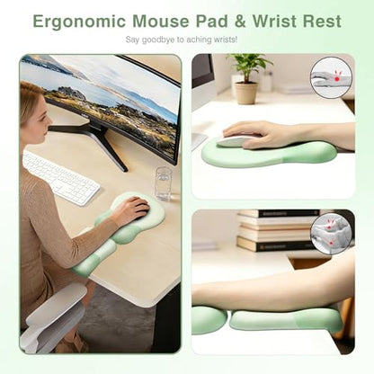 Ospelelf Mouse Pad with Wrist Rest Set Foam L-Shaped Desk Elbow Pad Ergonomic Desk Edge Cushion Anti-Slip Rubber Bottom Office Women Desk Accessories for Computer, Laptop and Gaming, Light Green - color: Light Green