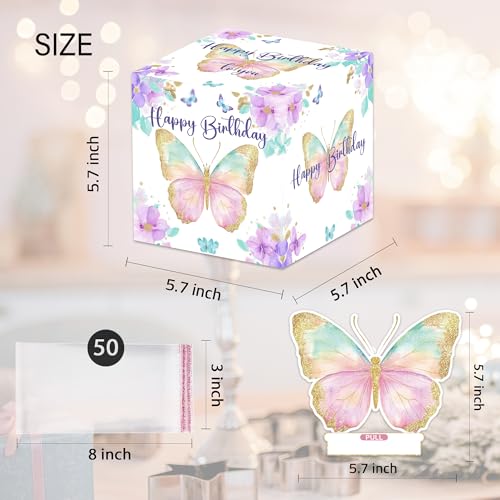 Butterfly Birthday Money Box for Cash Pull, Happy Birthday Boxes Gifts for Money Pull Out Card, 50Pcs Transparent Bags - color: Purple