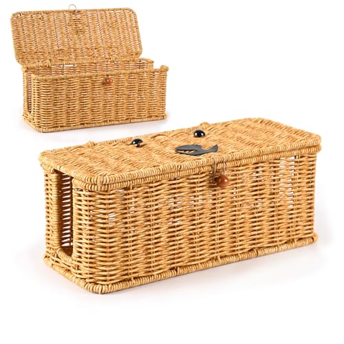Cord hider box,Imitation rattan cable management organizer storage box with lid 2 open slots extension cord keeper charging basket cover under desk for hide wire cords and power strip-13"L*5.1"W