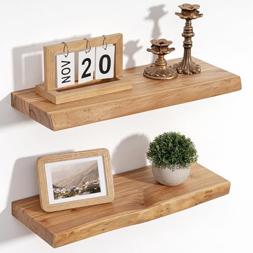 Floating Shelves for Wall Decor, Rustic Solid Elm Wood Live Edge Floating Shelves Wall Mounted, Wall Shelves with Invisible Bracket for Living Room Bathroom Bedroom Kitchen, 20 Inch Set of 2, Natural - color: Natural, size: Live Edge, 20inch, 2Packs