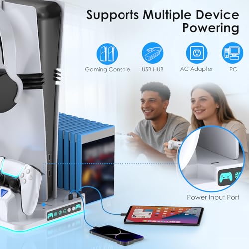PS5/Slim/Pro Stand and Cooling Station with Dual Controller Charging Station for PlayStation 5 Console Disc & Digital, PS5 Controller Charger and Cooling Fan with Game Storage, Headset Holder