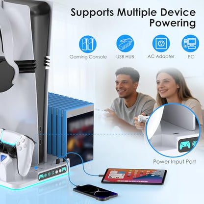 PS5/Slim/Pro Stand and Cooling Station with Dual Controller Charging Station for PlayStation 5 Console Disc & Digital, PS5 Controller Charger and Cooling Fan with Game Storage, Headset Holder