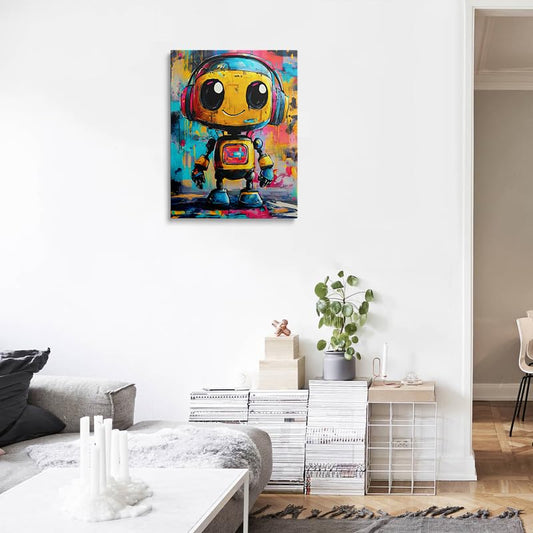Colorful Robot Canvas Wall Art Framed Headphones Painting Prints Posters Wrapped Canvas Wall Decor Graffiti Tech Artwork for Kids Bedroom Game Room Nursery Office Playroom Cool Home Gift 16x24 Inches - color: Robot02, size: 24"L x 16"W