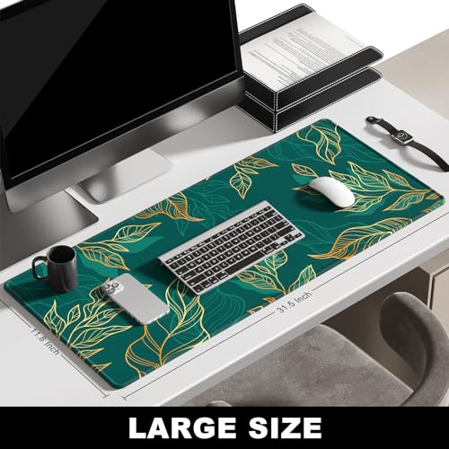 BOSOBO Large Mouse Pad, XXL XL Extended Gaming Mouse Mat, Desk Mat for Office & Home, Long Keyboard Mat, Huge Desktop Full Cover 31.5 x 11.8 Inches, Artistic Luxury Leaves Green - color: Artistic Luxury Leaf Line, size: XL - 31.5 x 11.8 Inches