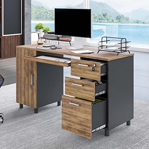 Modern Design Venice Computer Desk with Lockable Drawers, 53 Inch Home Office Desk with Storage Cabinet, Keyboard Tray & Cable Management, Modern Study Writing Desk for Small Spaces, Walnut and Black - color: Walnut Black