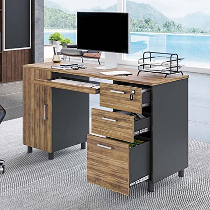 Modern Design Venice Computer Desk with Lockable Drawers, 53 Inch Home Office Desk with Storage Cabinet, Keyboard Tray & Cable Management, Modern Study Writing Desk for Small Spaces, Walnut and Black - color: Walnut Black