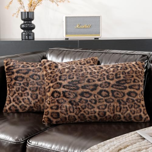 SYSLOON Faux Fur Cheetah Print Pillow Covers 20x12 Inch Set of 2, Leopard Print Decorative Pillow Covers Home Decor for Living Room Sofa & Bed, Beige Brown Leopard - color: Beige Brown Leopard, size: 20" x 12" (Pack of 2)