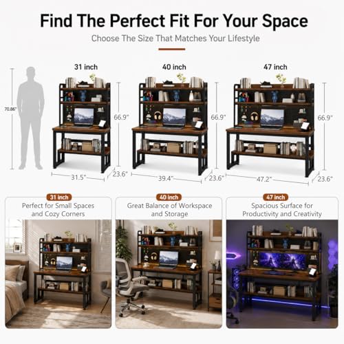 Computer Desk with Power Outlet & LED Lights, 40 Inch Gaming Desk with Hutch & Pegboard, Home Office Desk with Storage Shelves for Bedroom, Study(Brown,40inch) - color: Brown, size: 40inch