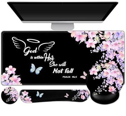 ARTSO Large Mouse Pad Ergonomic Keyboard Wrist Rest Support Combo, Psalm 46:5 God is Within Her, She Will not Fall -Bible Verse Flower Butterfly Extended Desk Mat Blotter - color: Psalm Flower Butterfly
