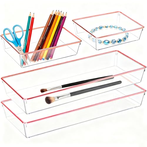 4 Pack Large Size Clear Stackable Drawer Organizer Trays, Rose Gold Rim Makeup Drawer Storage Tray Divider, Desk Storage for Makeup, Jewelry, Bathroom, Stationary, Kitchen Utensils and Office Desk - color: Rose Gold, size: 4 PACK