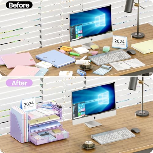 OPNICE Desk Organizer, 4-Tier Desktop File Organizer with Drawer and Pen Holders, Office Desk Accessories, File Sorters, Workspace Organizers for Office Supplies(Purple) - color: Purple, size: 4-tier
