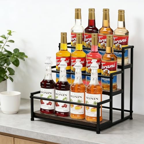 Coffee Syrup Rack Organizer, 3-Tier | Metal Bottle Holder, Holds 12 Bottles, Rustic Countertop Display Shelf, For Coffee Bar, Kitchen Cabinet, Pantry - color: 3-Tier