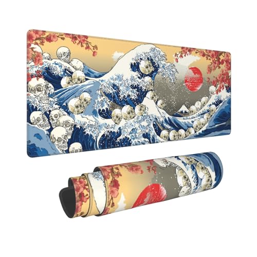 Japanese Waves Skull Mouse Pad Extended Large Gaming Mouse Pad XL Stitched Edges for Gamer Home Office 31.5 X 11.8 Inch - color: Waves Skull