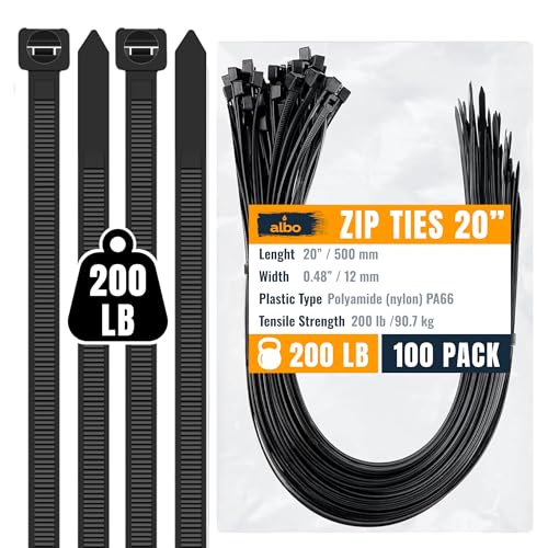 ALBO Black Zip Ties 20 Inch Plastic Cable Ties 100 Pack Tie Wraps Heavy Duty 200lb UV Resistant Nylon Wire Ties - size: 20" Black 100 Pack 200lb