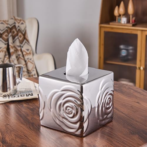 Silver Ceramic Cube Tissue Box Cover with Rose – Large Elegant Rose Floral Square Decorative Tissue Box Holder for Bathroom, Bedroom, Office Desk, Kitchen Counter – Perfect Housewarming Gift - color: Silver