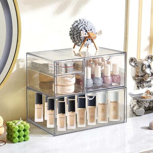 Prsildan Acrylic Drawer Makeup Organizer with 4 Drawers, Set of 2 | Clear, Baby Bottle Storage, For Vanity Countertop Bathroom Cosmetic Office Desk, Craft Jewelry Art Supply Organization - style: 4 Drawers