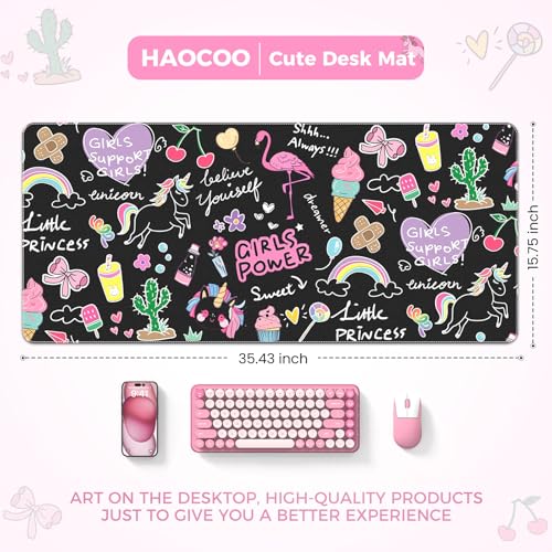 HAOCOO Kawaii Large Desk Cover Mat, 35.4x15.7 Cute Mouse Pad for Women Office Accessories, Leather Desk Mat for Keyboard and Mouse for Kids, Stitched Edges Desk Protector Dorm Decor - color: Black