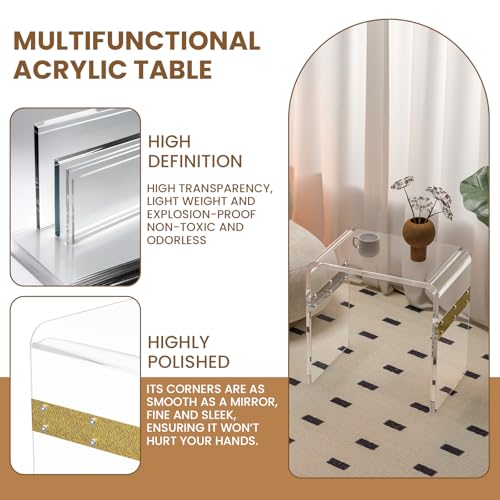 Dethan Clear Acrylic Accent Table, 16.3" x 12.0" x 18.1" U-Shape Modern Lucite End Table for Living Room and Bedroom Home Décor, (Gloden)