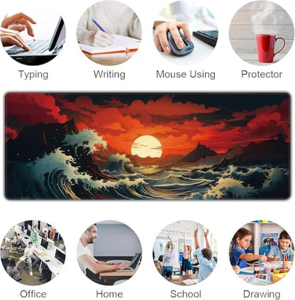 Japanese Sea Wave Large Mouse Pad,Gaming Keyboard Desk Pad,Extended Mouse Mat Non-Slip Rubber Base with Stitched Edges for Office Game Home XL 31.5"x11.8" - color: Japanese Wave, size: 31.5L x 11.8W inches