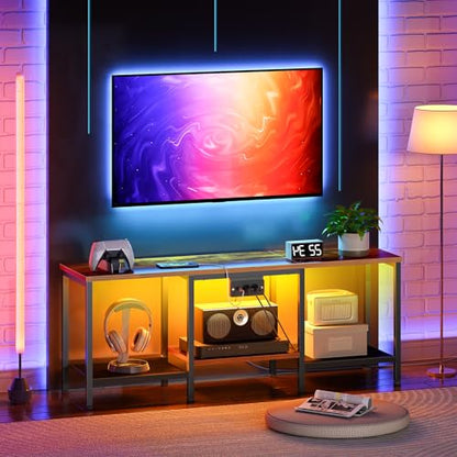 HOOBRO TV Stand with Charging Station to 55 Inches, LED Entertainment Center, Media TV Console Table with Open Storage Shelving for Living Room, Bedroom, Rustic Brown and Black BF122UDDS01 - color: Rustic Brown + Black