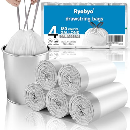 180 Count 4 Gallon Drawstring Small Trash Bags for Bathroom Office | 1.2 Mil, Unscented, Stretchy, Quick Cinch, White, Tear-Resistant, Leakproof Liners for Bedroom, Office & Kitchen Wastebasket - size: 1 Count (Pack of 180), style: 4G-Drawstring-180 Count