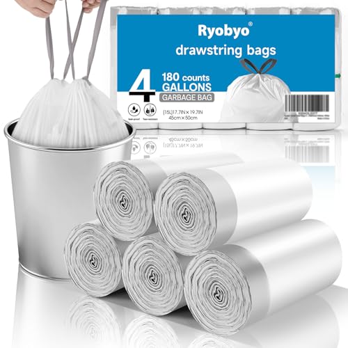 180 Count 4 Gallon Drawstring Small Trash Bags for Bathroom Office | 1.2 Mil, Unscented, Stretchy, Quick Cinch, White, Tear-Resistant, Leakproof Liners for Bedroom, Office & Kitchen Wastebasket - size: 1 Count (Pack of 180), style: 4G-Drawstring-180 Count
