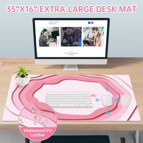 Dual-Sided PU Leather Desk Mat Blotter for Office, Home, Computer, Keyboard, Mouse, 15.7"x31.5" Large Non-Slip Writing Mat with Travel Storage Strap, Waterproof Easy to Clean (Pink Minimalist) - style: Pink Minimalist