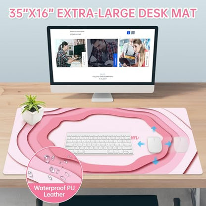 Dual-Sided PU Leather Desk Mat Blotter for Office, Home, Computer, Keyboard, Mouse, 15.7"x31.5" Large Non-Slip Writing Mat with Travel Storage Strap, Waterproof Easy to Clean (Pink Minimalist) - style: Pink Minimalist