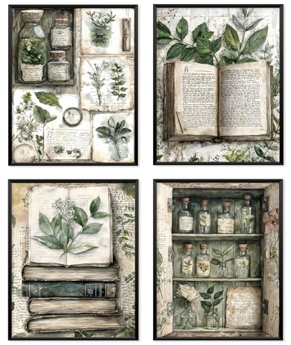 Locomiss Vintage Plants Book Wall Art Posters, Reading Nook Corner Decor, Dark Academia Rustic Botanical Bookish Prints Posters for Farmhouse Library Reading Room Wall Decor, Set of 4 (8x10 Unframed) - color: plants, size: 8x10 Inches