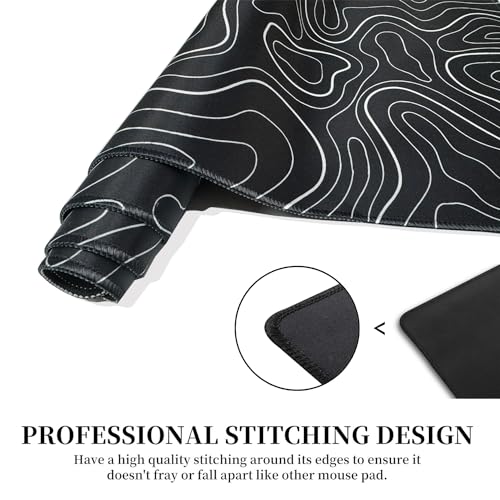 HGWALP Black Topographic Large Gaming Mouse Pad Extended XXL(900 * 400 * 3MM) Mouse Mat Long Desk Pad with Stitched Edges for Keyboard Home Office Gaming Work Big Desk Mat - color: Black TOPO