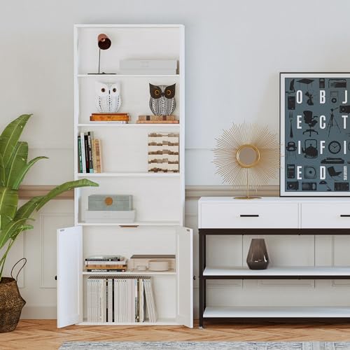 IRONCK Industrial Bookshelves and Bookcases with Doors Floor Standing 6 Shelf Display Storage Shelves 70 in Tall Bookcase for Home Office, Living Room - color: Industrial White