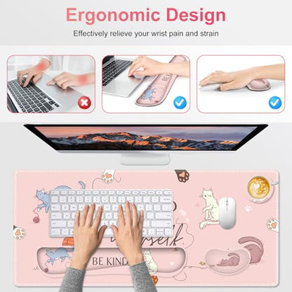 Large Gaming Mouse Pad Set, Pink Cats Ergonomics Keyboard Desk Mat with Memory Foam Wrist Rest, Extended Game Mousepad, Non-Slip Desk Pad Matt Easy Typing Pain Relief I Be Kind to Yourself - color: Be Kind to Yourself