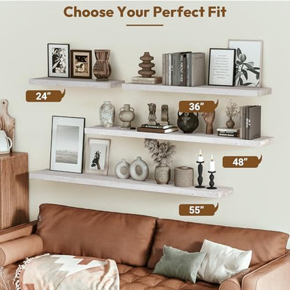 Flat Edge Elm Wood Floating Shelf with Invisible Bracket 36”Weathered White - color: Weathered White, size: 36”,set of 2