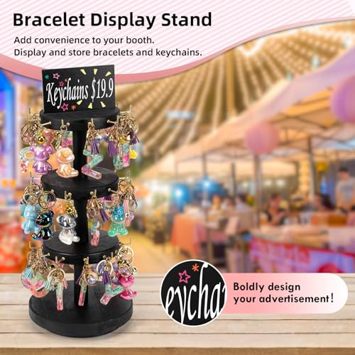 Pinzoveco Bracelet Holder, 3 Tier Wooden Rotating Bracelet Display Stand, Tree Stand Vendor Booth Display with Adversitsing Board, 36 Hooks for Bracelet, KeyChain Display Stands for Selling, Black (Patent Pending) - color: Weathered Black