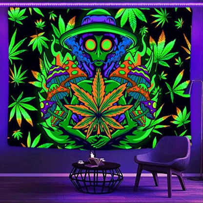 Xiaoput Blacklight Weed Tapestry for Bedroom, UV Reactive Black Light Cool Alien Posters for Adults, Marijuana Glow in the Dark Trippy Tapestry for Men Men Room Bedroom Gaming Decor 60X40IN - size: 60"L x 40"W