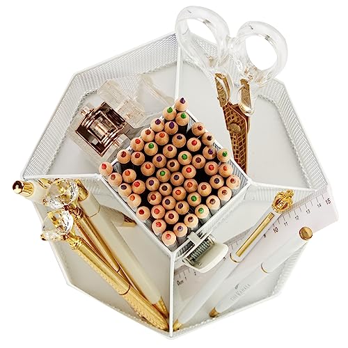 Annova Mesh Desk Organizer Rotate with 5 Compartments Spinning Tidy Candy/Pen Holder Office, Art Supply, Storage, Classroom, Home (White) - color: White