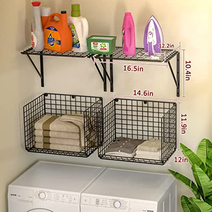 3IngSeagulls 2 Pack Laundry Room Shelves, Wire Baskets with 8 Hooks, Over Washer and Dryer Shelf, Wall Mounted Storage and Clothes Drying Rack, Black - color: Black