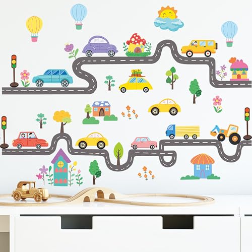 Colorful Road & Car Wall Stickers, Cartoon Vehicles Houses Peel and Stick Wall Decals, Baby Room Nursery Kids Bedroom Art Wall Decor - color: A