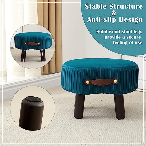 Foot Stools Small, Ottomon with Handle, Velvet Footrest Ottoman | Curved Foot Stool with Padded Seat Wooden Legs, Portable Foot Rest for Living Room, Bedroom, Entryway, (Peacock Blue) - color: Peacock Blue