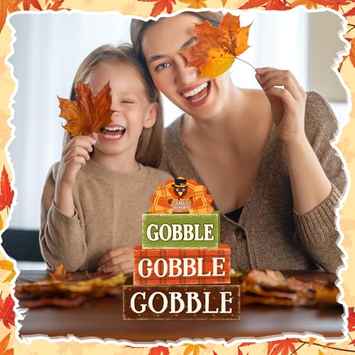 4 Pcs Fall Decorations for Home Thanksgiving Turkey Tiered Tray Decor, Fall Table Decor Farmhouse Rustic Wooden Turkey Block Sign Autumn Harvest Tabletop Centerpieces for Home Kitchen Indoor - style: Gobble Turkey
